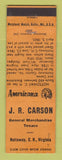 Matchbook Cover - JR Carson Texaco oil gas Nottoway VA Perkins Americana ORANGE