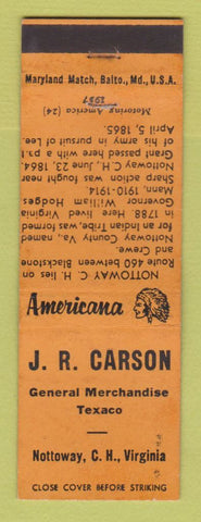 Matchbook Cover - JR Carson Texaco oil gas Nottoway VA Perkins Americana ORANGE