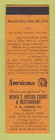 Matchbook Cover - Bowie's Motor Court Lorne VA Perkins Americana ORANGE