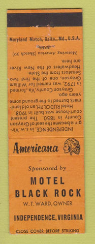 Matchbook Cover - Motel Black Rock Independence VA Perkins Americana ORANGE