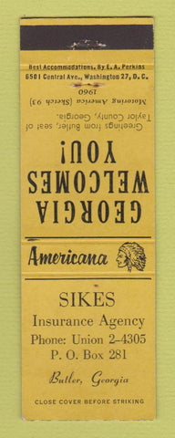 Matchbook Cover - Sikes Insurance Butler GA Perkins Americana YELLOW
