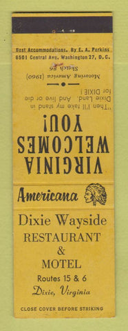 Matchbook Cover - Dixie Wayside Motel Dixie VA  Perkins Americana YELLOW