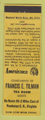 Matchbook Cover - Francis Tilman TEA Room Powhatan VA Perkins Americana YELLOW