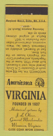 Matchbook Cover - Oliver General Store Wicomico VA Perkins Americana YELLOW