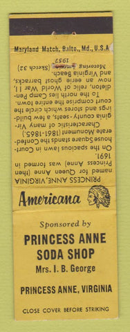 Matchbook Cover - Princess Anne Soda Shop VA Perkins Americana YELLOW