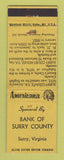 Matchbook Cover - Bank of Surrey County VA WEAR Perkins Americana YELLOW
