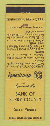 Matchbook Cover - Bank of Surrey County VA WEAR Perkins Americana YELLOW