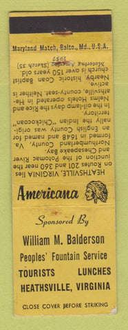 Matchbook Cover - Peoples' Fountain Heathsville VA WEAR Perkins Americana YELLOW