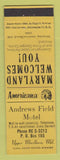 Matchbook Cover - Andrews Field Motel Upper Marlboro MD Perkins Americana YELLOW
