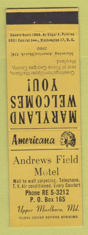 Matchbook Cover - Andrews Field Motel Upper Marlboro MD Perkins Americana YELLOW
