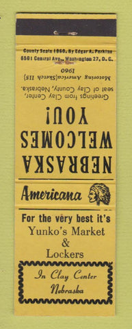 Matchbook Cover - Yunko's Market Clay Center NE Perkins Americana YELLOW