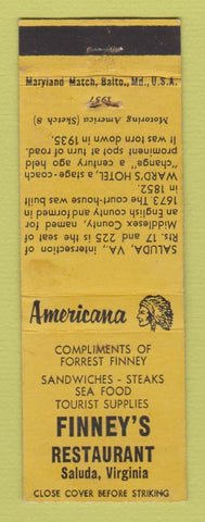 Matchbook Cover - Finney's Restaurant Saluda VA WEAR Perkins Americana YELLOW
