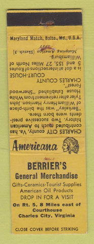 Matchbook Cover Berrier's General Charles City VA WEAR Perkins Americana YELLOW