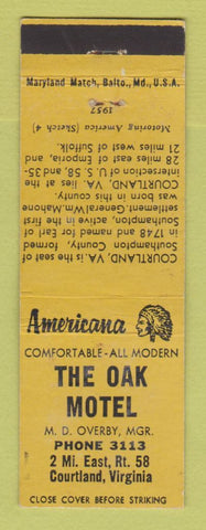 Matchbook Cover - Oak Motel Courtland VA Perkins Americana YELLOW