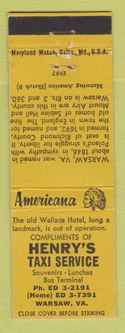 Matchbook Cover - Henry's Taxi Service Warsaw VA Perkins Americana YELLOW