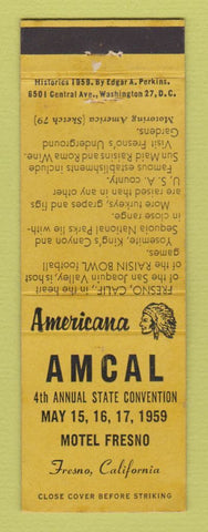 Matchbook Cover - AMCAL RMS Convention Fresno CA 1959 Perkins Americana YELLOW