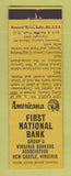 Matchbook Cover - First National Bank New Castle VA Perkins Americana YELLOW