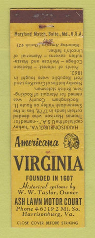 Matchbook Cover - Ash Lawn Court Harrisonvurg VA WEAR Perkins Americana YELLOW