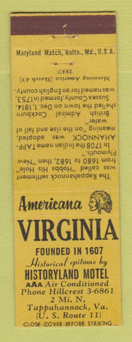 Matchbook Cover - Historyland Motel Tappahannock VA Perkins Americana YELLOW