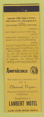 Matchbook Cover - Lambert Hotel Clintwood VA Perkins Americana YELLOW