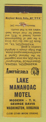 Matchbook Cover - Lake Manahoac Motel Washington VA Perkins Americana YELLOW