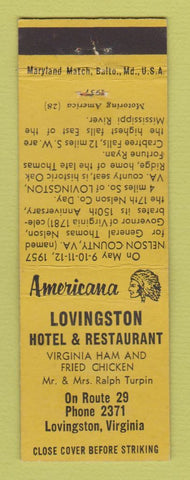 Matchbook Cover - Lovingston Hotel Restaurant VA Perkins Americana YELLOW
