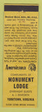 Matchbook Cover - Monument Lodge Yorktown VA Perkins Americana YELLOW