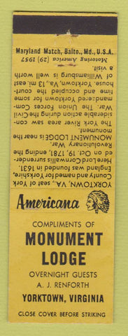 Matchbook Cover - Monument Lodge Yorktown VA Perkins Americana YELLOW