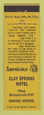 Matchbook Cover - Clay Springs Motel Hanover VA Perkins Americana YELLOW