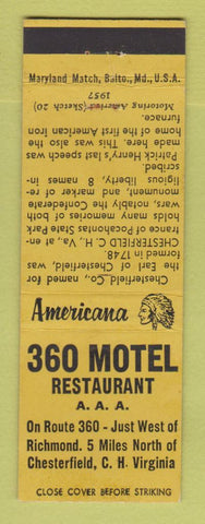 Matchbook Cover - 360 Motel Chesterfield VA Perkins Americana YELLOW