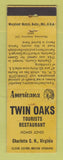 Matchbook Cover - Twin Oaks Restaurant Charlotte VA Perkins Americana YELLOW