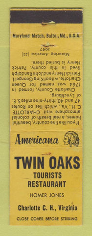 Matchbook Cover - Twin Oaks Restaurant Charlotte VA Perkins Americana YELLOW