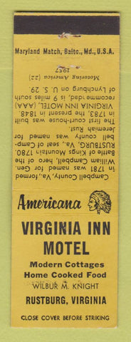 Matchbook Cover - Virginia Inn Motel Rustburg VA Perkins Americana YELLOW