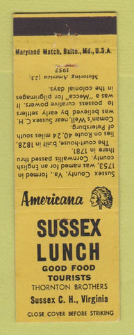Matchbook Cover - Sussex Lunch VA Perkins Americana YELLOW