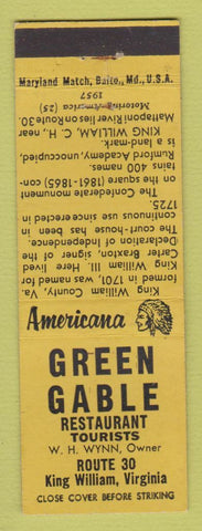 Matchbook Cover Green Gable Restaurant King William VA Perkins Americana YELLOW
