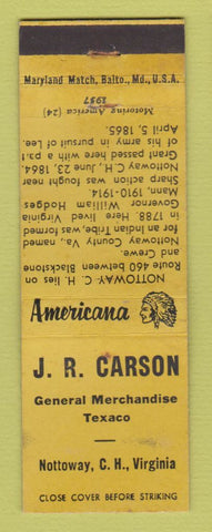 Matchbook Cover - JR Carson Texaco oil gas Nottoway VA Perkins Americana YELLOW