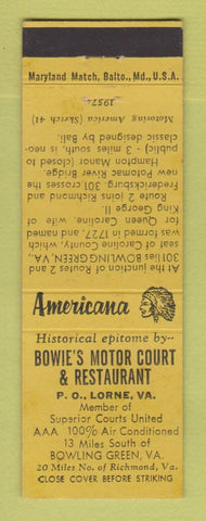 Matchbook Cover - Bowie's Motor Court Lorne VA Perkins Americana YELLOW