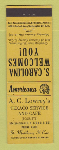 Matchbook Cover Lowrey's Texaco oil gas St Matthews SC Perkins Americana YELLOW