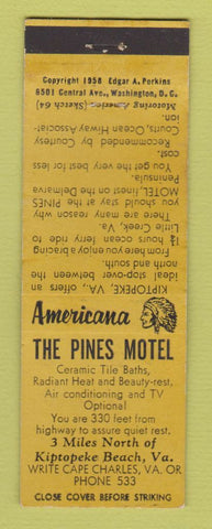 Matchbook Cover - Pines Motel Kiptopeke Beach VA Perkins Americana YELLOW