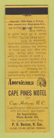 Matchbook Cover - Cape Pines Motel Cape Hatteras NC Perkins Americana YELLOW