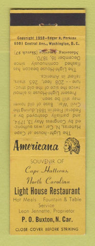Matchbook Cover Light House Restaurant Cape Hatteras NC Perkins Americana YELLOW