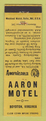 Matchbook Cover - Aaron Motel Boydton VA Perkins Americana YELLOW