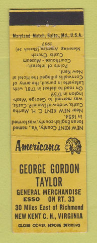 Matchbook Cover - Taylor Esso oil gas New Kent VA Perkins Americana YELLOW
