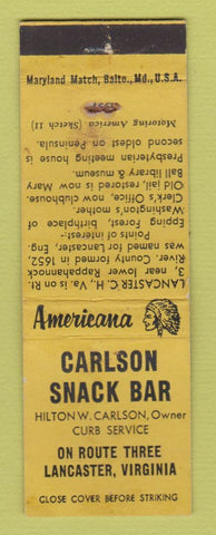 Matchbook Cover - Carlson Snack Bar Lancaster VA Perkins Americana YELLOW