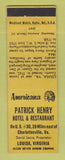 Matchbook Cover - Patrick Henry Hotel Louisa VA Perkins Americana YELLOW