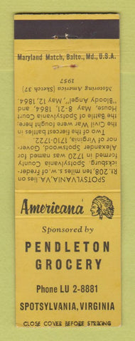 Matchbook Cover - Pendleton Grocery Spotsylvania VA Perkins Americana YELLOW