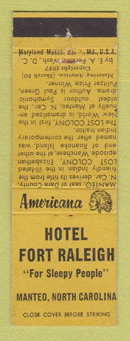 Matchbook Cover - Hotel Fort Raleigh Manteo NC Perkins Americana YELLOW