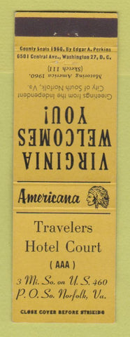 Matchbook Cover - Travelers Hotel Court Nofolk VA Perkins Americana YELLOW