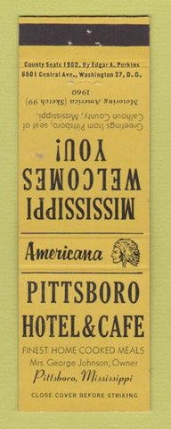 Matchbook Cover - Pittsboro Hotel Cafe MS Perkins Americana YELLOW