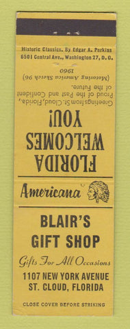 Matchbook Cover - Blair's Gift Shop St Cloud FL Perkins Americana YELLOW